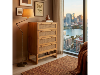 Cômoda de madeira maciça com 4 gavetas rattan / coleção Acapulco